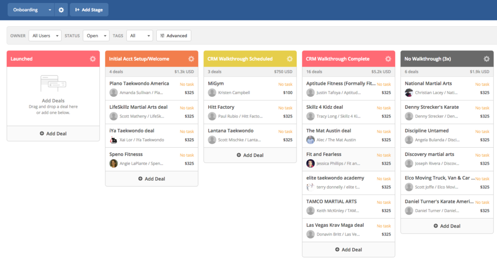 Vista del CRM de ventas y embudo en ActiveCampaign
