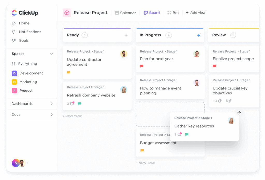 Vistas de tablero Kanban y lista de tareas en ClickUp español
