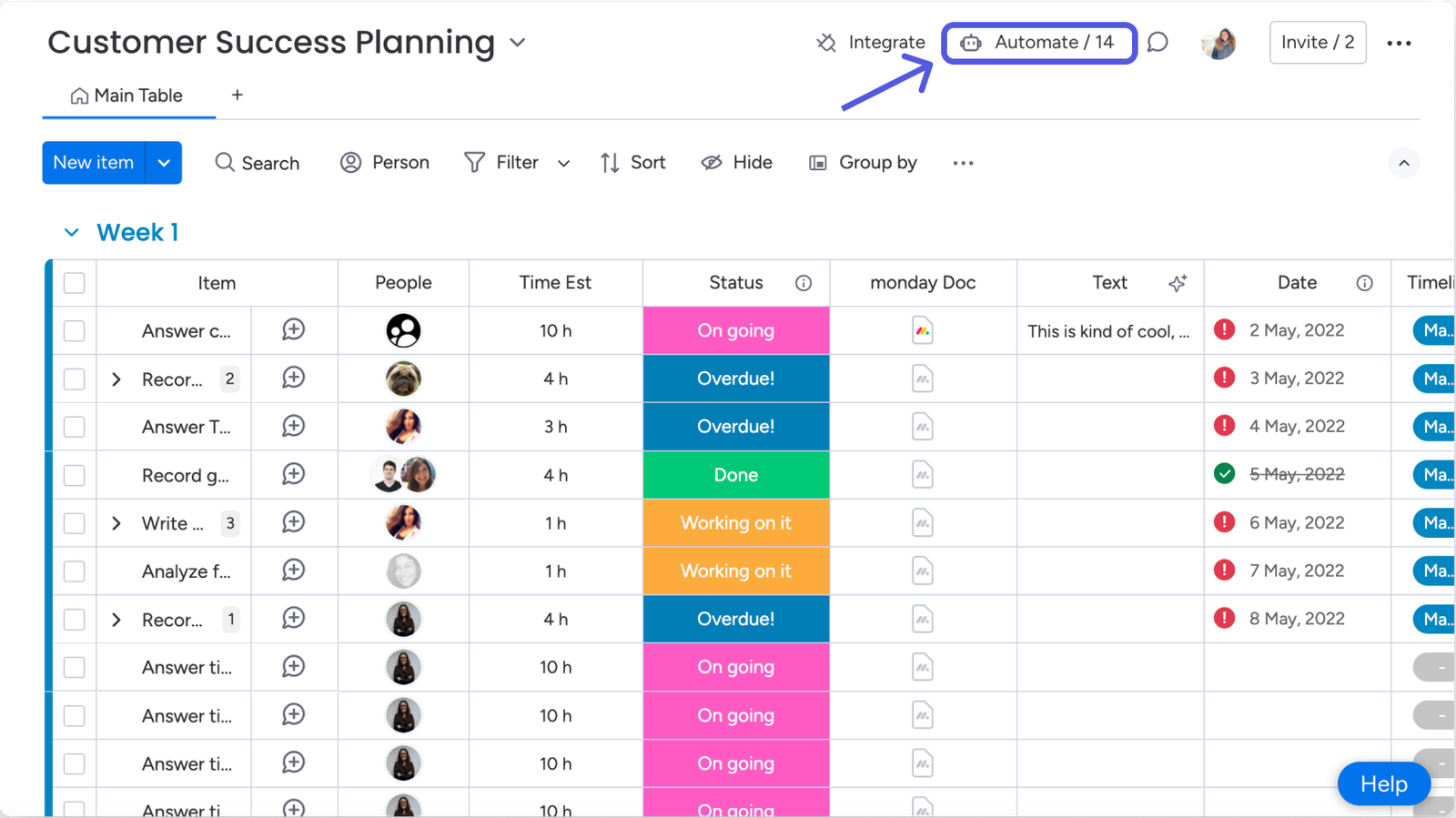 Constructor de automatizaciones visuales y recetas lógicas en Monday.com.