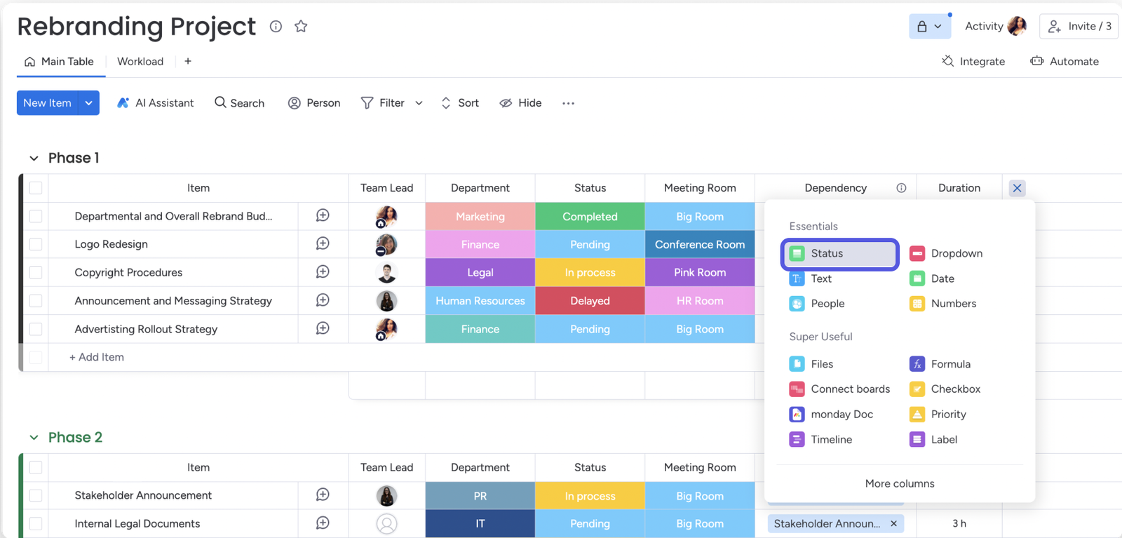 Interfaz principal de Monday.com con columnas de estado tipo semáforo y gestión de tareas.